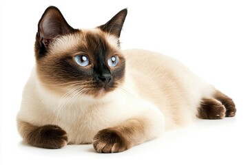 Elegant Siamese Cat Laying Relaxed on White Background