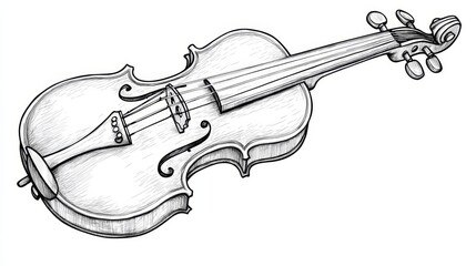 Obraz premium Realistic Detailed Sketch, Vintage Wooden Violin with Bow, Isolated on White Background