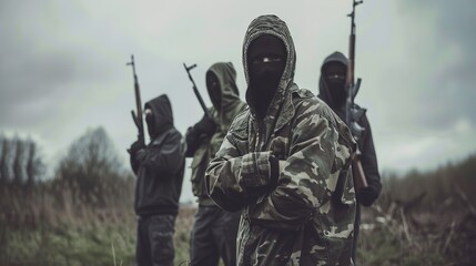 Group of masked individuals in camouflage clothing standing in rugged terrain with weapons, symbolizing resistance and rebellion, strong determined expressions.