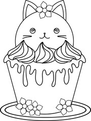 cartoon kawaii dessert cat decorated with strawberries, vector illustration, coloring book page