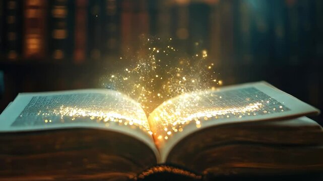 Open book with magical light and stars emerging