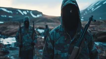 Group of masked individuals in camouflage clothing standing in rugged terrain with weapons, symbolizing resistance and rebellion, strong determined expressions.