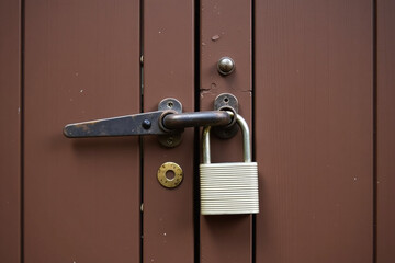 brown wooden door locked metal padlock