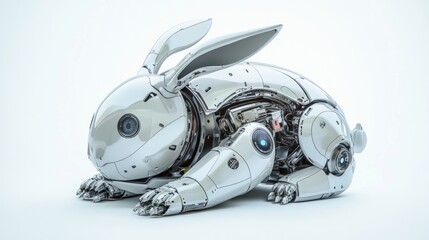 Fototapeta premium Futuristic robotic rabbit, metallic and detailed, with visible internal mechanisms, lying down pose.