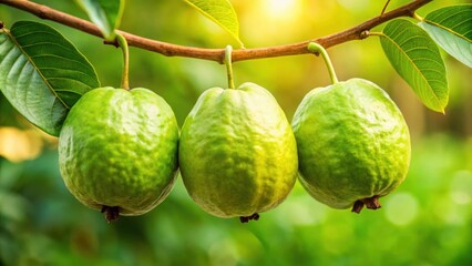 Fototapeta premium Close-up of three ripe Guava Fruits hanging on a tree branch, Guava, Fruit, Tree, Branch, Tropical, Ripe, Fresh, Healthy