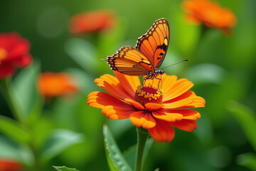 Obraz premium butterfly lands zinnia flower bright orange petals lush green garden setting delicate leafy