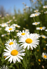 Fototapeta premium A beautiful field of daisies, on a bright sunny spring, summer day, fabulous beauty, studio photography, with white tones