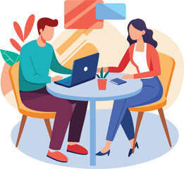 Partners meeting for business discussion with documents and laptop on desk. Couple at round table, speaking, discussing work, partnership. Flat vector on a white background