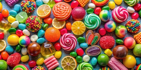 Fototapeta premium Colorful candies of various shapes and sizes arranged neatly on a shiny surface , sweets, bright, vibrant, rainbow