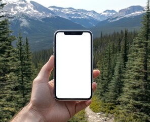 Hand holding a smartphone with a blank screen, set against the backdrop of nature and mountains