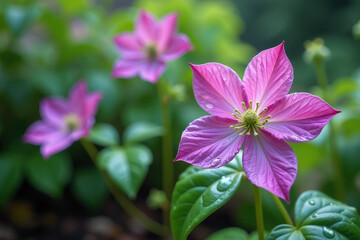 clematis flowers bloom water droplets ground rainy summer day