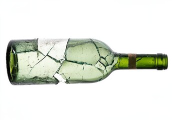 Broken Green Glass Bottle Isolated on White Background