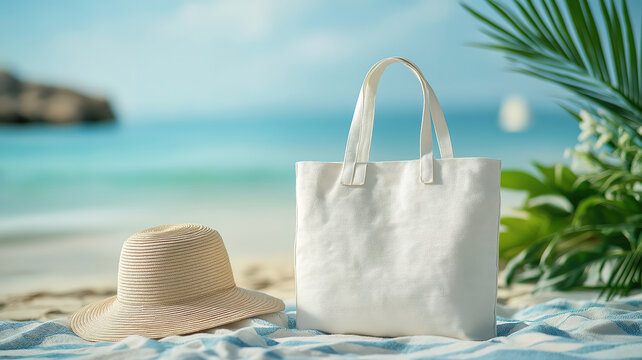 Sustainable shopping mock-up with a blank tote bag, straw hat, and beach setting in the background