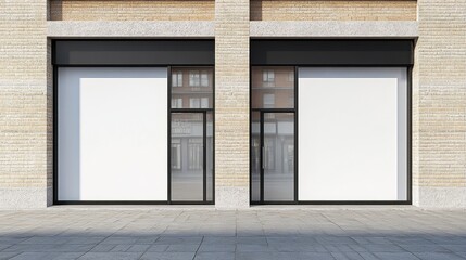 Two empty storefront windows in a brick building.
