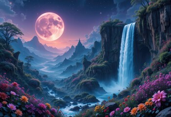A breathtaking panorama of a majestic mountain range bathed in the soft glow of the moon, with a cascading waterfall, a serene river, and a dense forest shrouded in mist
