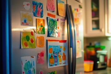 Child's art displayed on refrigerator with ribbon, kitchen ambient lighting, proud display, with copy space