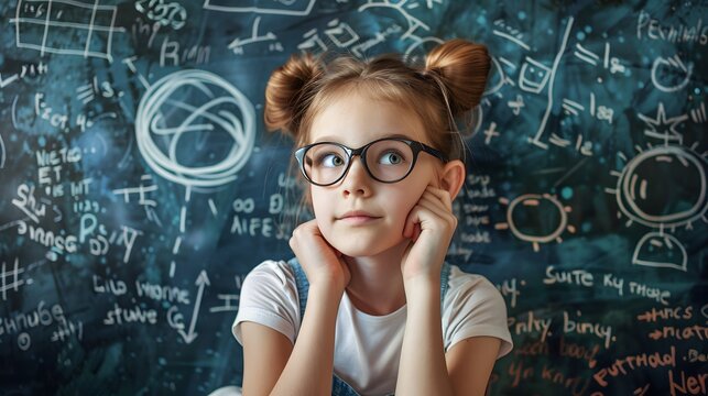 Thoughtful girl with glasses in front of math and science equations