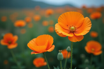 Fototapeta premium eschscholzia californica produces vibrant orange poppies moody floral landscape