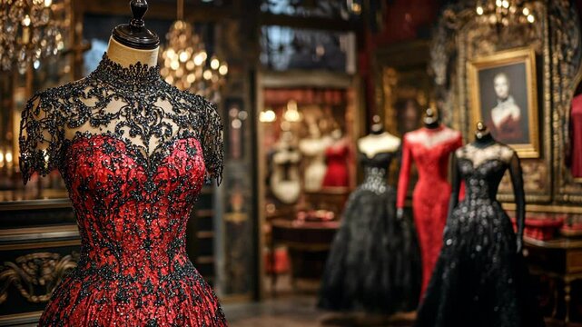 Elegant evening dresses on display in a lavish boutique showcasing intricate designs and rich colors