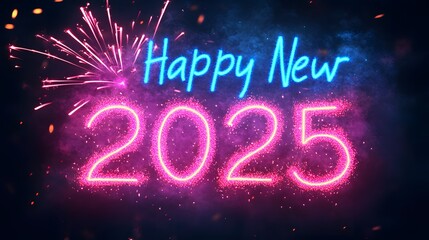 Happy New Year 2025 neon firework design.