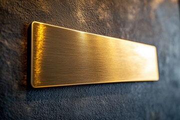 Close-up of engraved golden nameplate being mounted on recognition wall, controlled studio lighting, extreme detail on text, with copy space