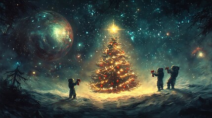 Obraz premium Strange alien beings exchanging gifts under a glowing cosmic Christmas tree