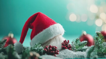 Santa hat nestled in snow, Christmas decorations.