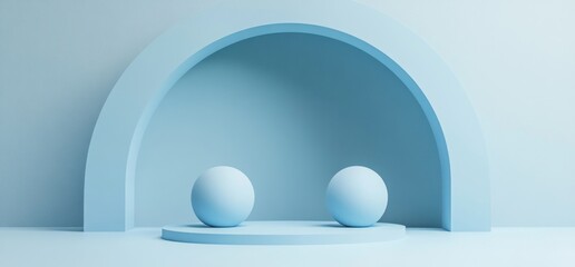 Two light blue spheres on a platform within a light blue arched niche.