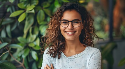 Fototapeta premium Smiling woman with curly hair in a cozy, green indoor environment