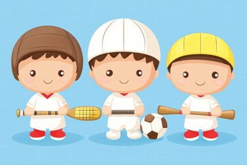 Cute Cartoon Kids Playing Sports Baseball, Cricket, Soccer