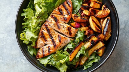 Light Nordic lunch with grilled trout, mixed greens, and roasted parsnips