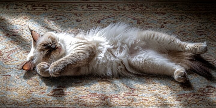 A long-haired Siamese cat rolling lazily on a textured rug, with sunlight softly hitting its fur