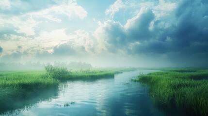 Serene River Flows Through Misty Green Grasslands Under Cloudy Skies