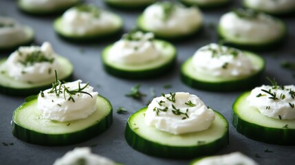 Light Nordic snack: cucumber slices topped with cream cheese and a sprinkle of herbs