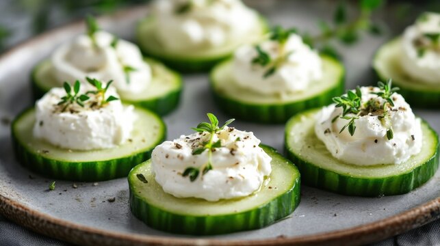 Light Nordic snack: cucumber slices topped with cream cheese and a sprinkle of herbs