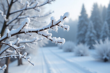 Obraz premium frozen branches white frost cover trees serene winter landscape