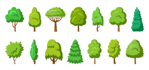 Flat tree set. Stylized eco plants side view. Arboretum garden willow cypress thuja pine oak poplar birch. Cartoon green trees forest spruce maple sequoia. Aspen alder ash linden acacia chestnut