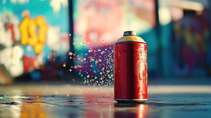 Red spray paint can with colorful spray droplets on ground against graffiti wall.