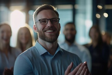 Employee of the month celebration with team applauding, ambient office lighting with flash fill, candid emotional moments, with copy space