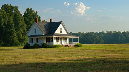Obraz premium A charming white house sits in a serene landscape, surrounded by greenery under a blue sky.