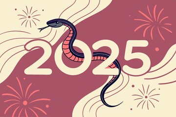 Fototapeta premium snake is represented by fluid, swirling lines and shapes, forming a dynamic '2025' composition. The background is a mix of vibrant colors and gradients, with abstract firework patterns that blend seam