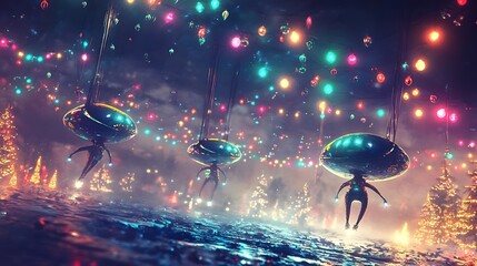 Glowing alien beings playing holiday games under surreal floating Christmas decorations