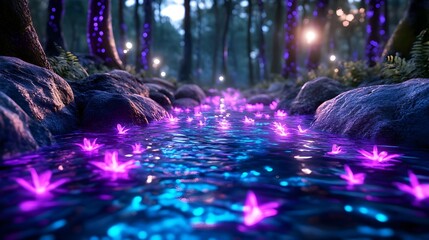 enchanted forest stream, glowing flowers - fantasy and magical realism