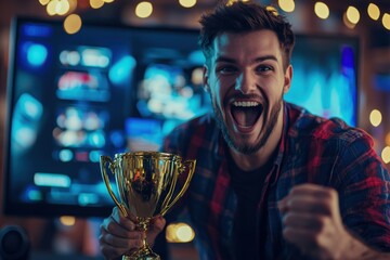 Gaming trophy notification on screen with excited player, RGB gaming setup lighting, screen detail, with copy space