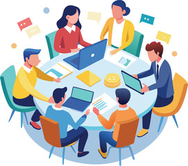 Partners meeting for business discussion with documents and laptop on desk. Couple at round table, speaking, discussing work, partnership. Flat vector on a white background