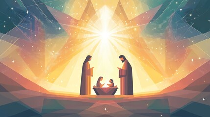 Nativity scene with three figures and star.