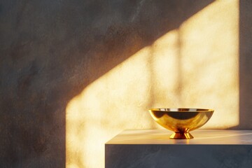 Gold trophy catching dramatic sunlight on sleek pedestal, rim lighting with soft fill, ultra-detailed metal textures, with copy space