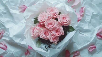 Fototapeta premium Pink roses bouquet in white paper with petals.