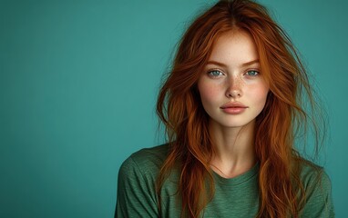 Fototapeta premium Beauty girl smiling and wearing a t-shirt in studio color background