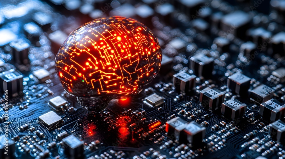 Poster illuminated brain model on circuit board, representing ai and neural networks.
